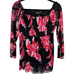 INC Petite Black & red floral smocked baby doll long sleeve mesh top Size Medium